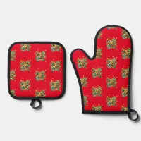 Sprigs of Holly Christmas Festive Holiday Red Oven Mitt & Pot Holder Set