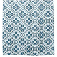 Retro Tile Effect Geometric Patterned Blue White Shower Curtain