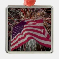 American Flag and Fireworks Metal Ornament