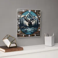 Moose Portrait Against Mountain Landscape Square Wall Clock