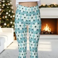 Blue and White Poinsettia Pattern Christmas  Leggings