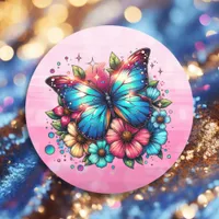 Blue Butterfly and Pink Flowers  Classic Round Sticker