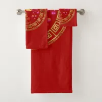 Chinese Zodiac Rabbit Red/Gold ID542 Bath Towel Set