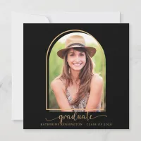 Modern Black Gold Boho Arch Photo Graduation Invitation