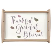 Thankful Grateful Blessed Autumn Leaves Typography Serving Tray