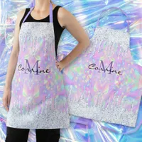 Monogram Opal Dripping Iridescent Ice Glitter Name Apron