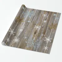 Rustic Wood with Blue and Gold Snowflakes Christma Wrapping Paper