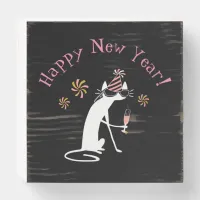 Happy New Year Wine Quote with Cat Wooden Box Sign