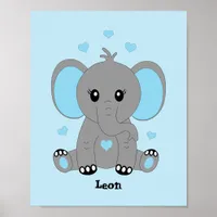 Cute baby elephant in blue for boys  poster