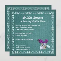 Blue Burlap, Purple Flowers, Jar Bridal Shower Inv Invitation