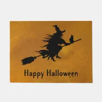 Happy Halloween Witch & Cat on a Broom Silhouette Doormat