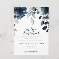 Navy Blue Watercolor Floral Bouquet Wedding Invitation