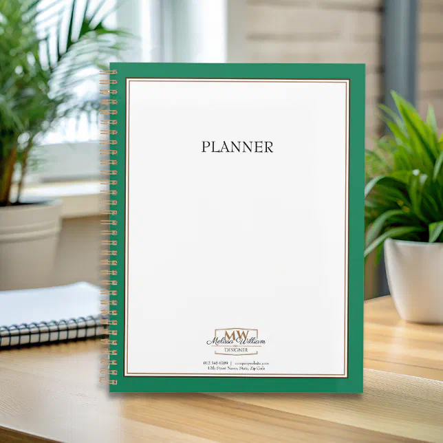 Simple Green White Monogram Business Planner