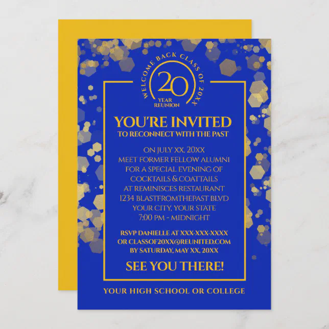 Royal Blue & Gold School Class Reunion Invitation