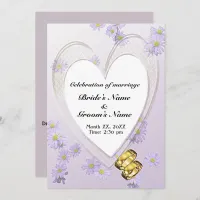 Purple Flowers, Heart Frame, Rings, Wedding Invite