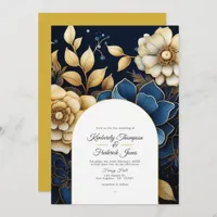 Navy and Gold Floral Wedding Invitation