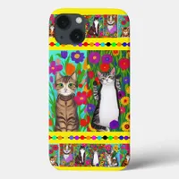 Folk Art Whimsical Style Cat and Flowers iPhone 13 Case