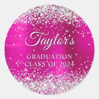 Silver Glitter Hot Pink Foil Graduation Classic Round Sticker