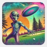 Alien Throwing Disc Golf Square Sticker