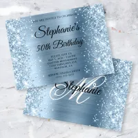 Glittery Light Blue Foil Monogram 50th Birthday Invitation