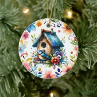  Watercolor Illustration  of Birdhouse and Bird  Ceramic Ornament