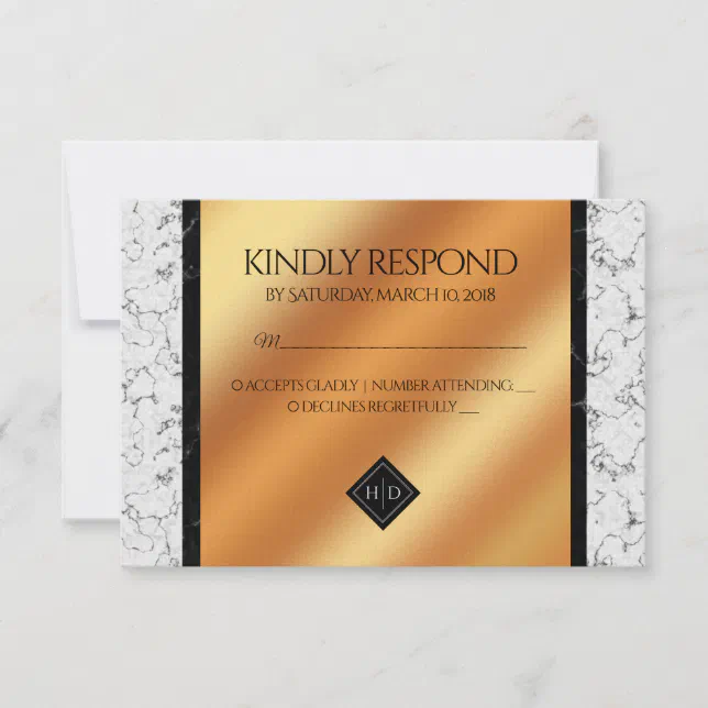 Elegant Marble & Copper Foil Monogram Wedding RSVP Card