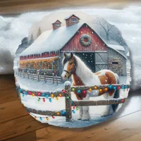 Beautiful Horse on a Christmas Farm Personalized Round Pillow