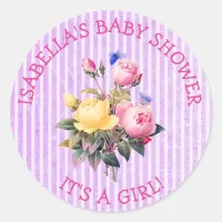 Purple Striped Floral Chic Baby Shower Stickers