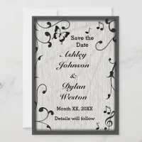 Music Butterfly Leaves Gray & Black Wood Wedding Save The Date