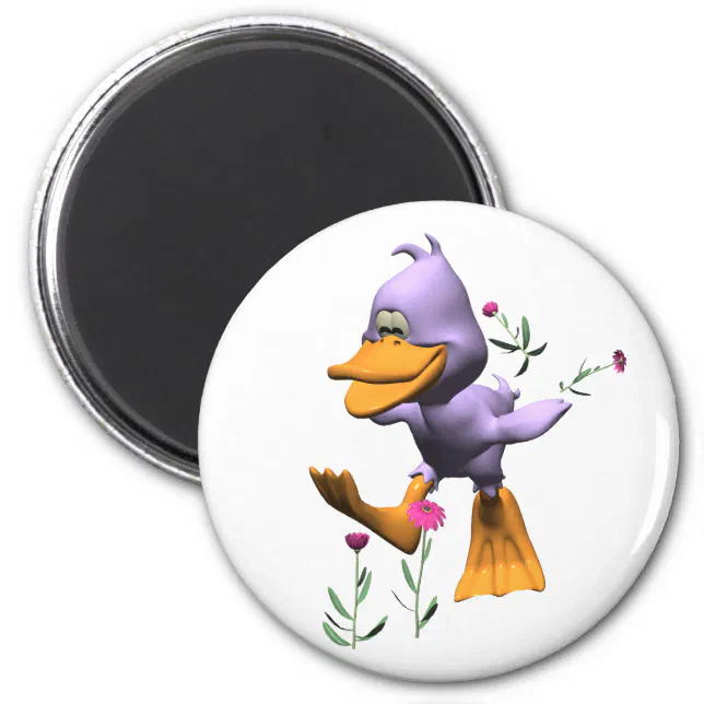 Cute Happy Cartoon Duck Running Through Flowers Magnet