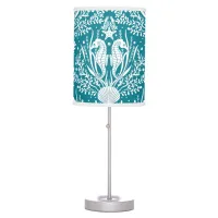 Seahorses Ocean Sea Life Damask Teal Blue White Table Lamp