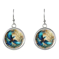 Serene Blue Bird Perched on Stained Glass Earrings