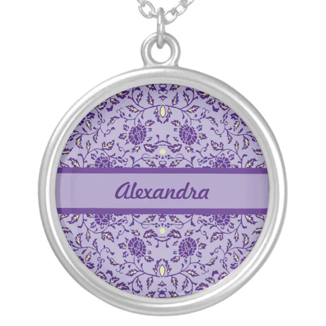 Elegant Flowery Purple Damask Silver Plated Necklace