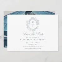 Dusty Blue Floral Crest Monogram Photo Save The Date