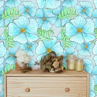 Bohemian Elegant Watercolor Aqua Blue Flowers Wallpaper