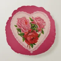 Magenta Vintage Rose Heart Valentine Round Pillow