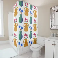 Pink and Blue Flowers in Pots Shower Curtain