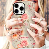 Vintage Pink Roses Romantic Floral Custom Name iPhone 16 Pro Max Case