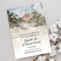 Red Barn on Hill Farm Wedding Watercolor Save Date Invitation