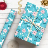 Whimsical Reindeer & Poinsettia Floral Christmas Wrapping Paper