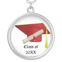 Graduation Class of 20XX Red Cap & Diploma Silver Plated Necklace