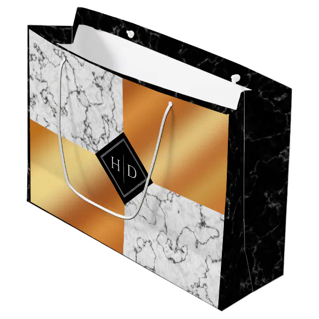 Elegant Marble & Copper Foil Monogram Wedding Large Gift Bag