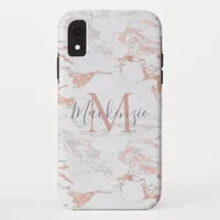 Chic Pink Rose Gold Foil Marble Monogram iPhone XR Case