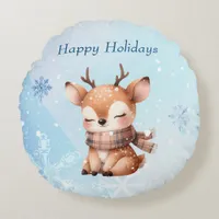 Cute Cartoon Deer in Snow Round Pillow