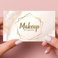 Makeup Artist Pink Marble Geometric Gold Elegant Business Card