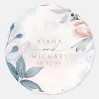 Calligraphy Floral Wedding Blue ID771 Classic Round Sticker