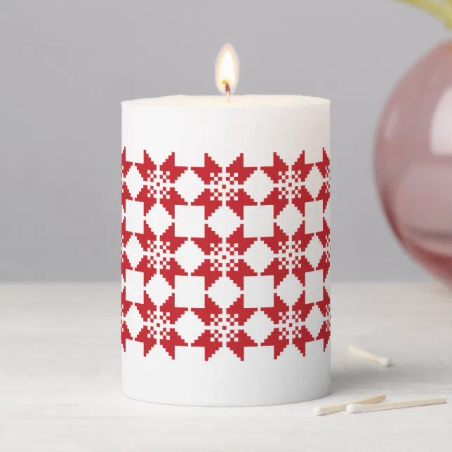Christmas Nordic Knit Pattern Red Snowflake White Pillar Candle