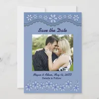 Dusty Blue Six Petal Flower Save the Date Card