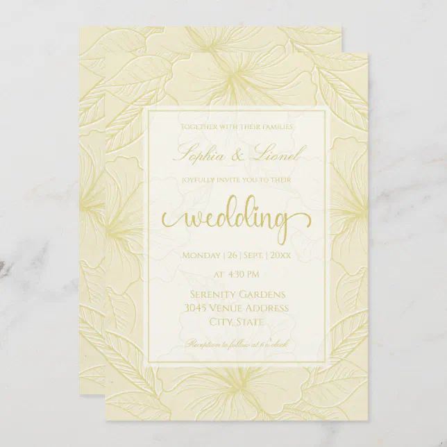 Elegant Minimal Floral Outline Golden Wedding Invitation
