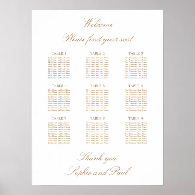 White Golden Beige 9 Table Wedding Seating Chart